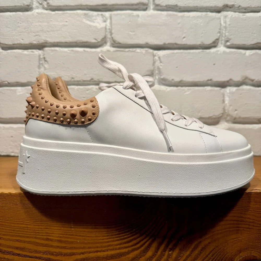 ASH Platform Sneakers White Leather NUDE Studded Heel Size 40 Luxury Chunky NIB - Picture 12 of 15